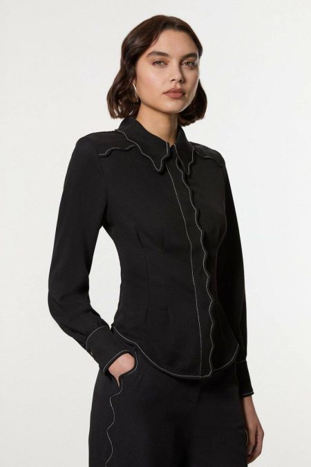 Ivory Women Tops Scallop Trim Woven Crepe Blouse Karen Millen