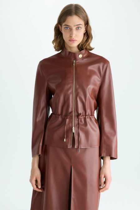 Jackets Gathered Waist Faux-Leather Fitted Jacket Purificacion Garci Women Brown