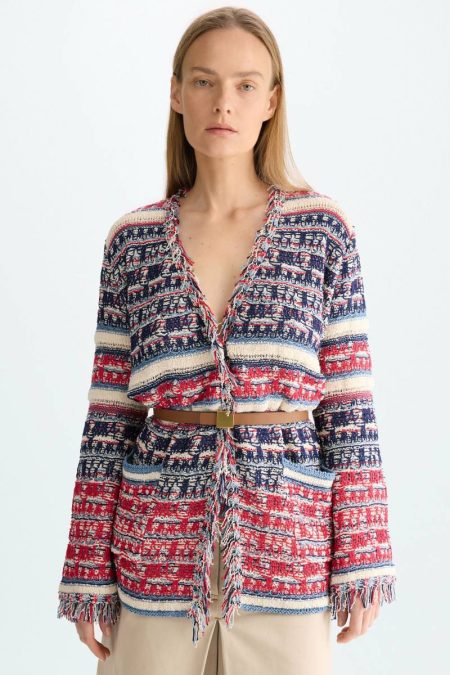 Jackets Purificacion Garci Navy/Red/Ecru Fringed Striped Woven Straight-Fit Cardigan Women