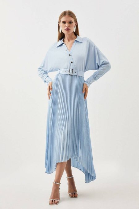 Jersey And Georgette Mix Belted Pleat Midi Dress Midi Dresses Khaki Karen Millen Women