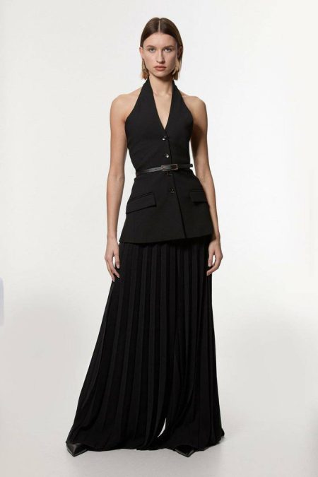 Jumpsuits Compact Stretch Halter Neck Pleated Wide Leg Jumpsuit Black Karen Millen Women