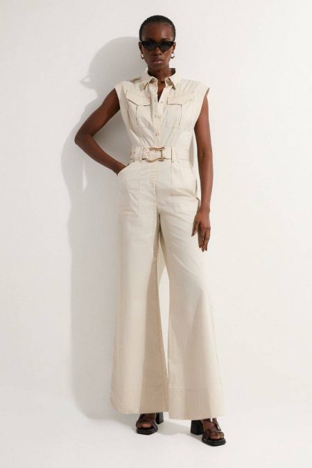 Jumpsuits Women Stone Cotton Sateen Utility Top Stitch Detail Woven Jumpsuit With Gold Hardware Karen Millen