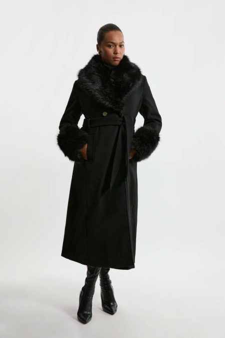 Karen Millen Black Faux Fur Coats & Jackets Women Plus Size Wool Blend Detachable Faux Fur Belted Midi Coat