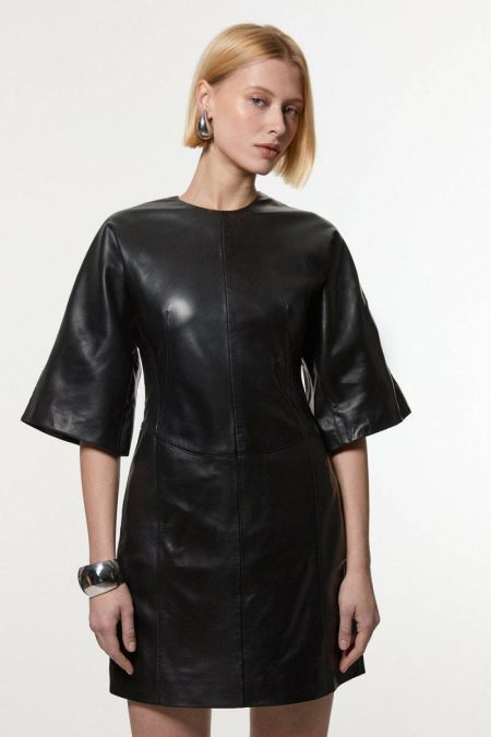 Karen Millen Black Leather Seam Mini Dress Women Mini Dresses