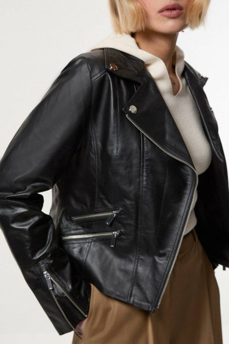 Karen Millen Black Leather Women Leather Signature Moto Jacket