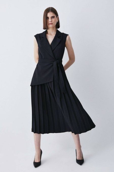 Karen Millen Black Petite Military Pleat Sleeveless Midi Dress Women Midi Dresses
