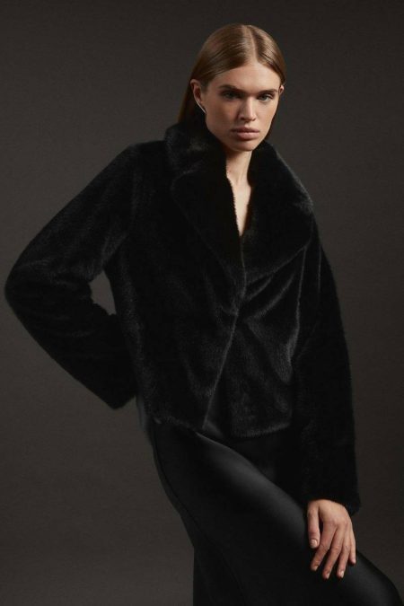 Karen Millen Black Women Faux Fur Coats & Jackets Faux Fur Cropped Jacket