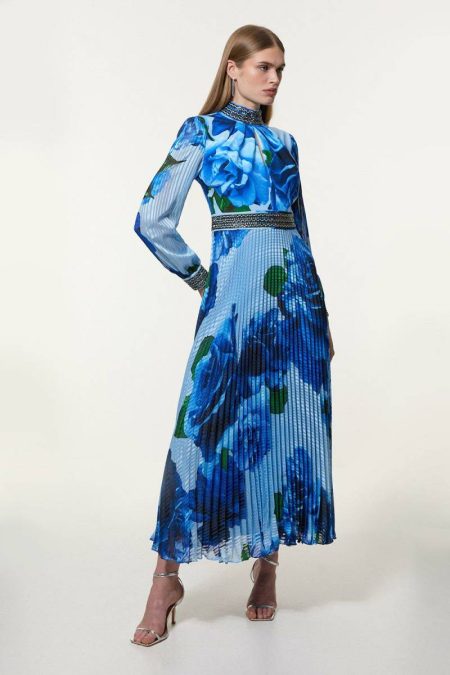 Karen Millen Blue Diamante Trim Delicate Rose Woven Maxi Dress Maxi Dresses Women