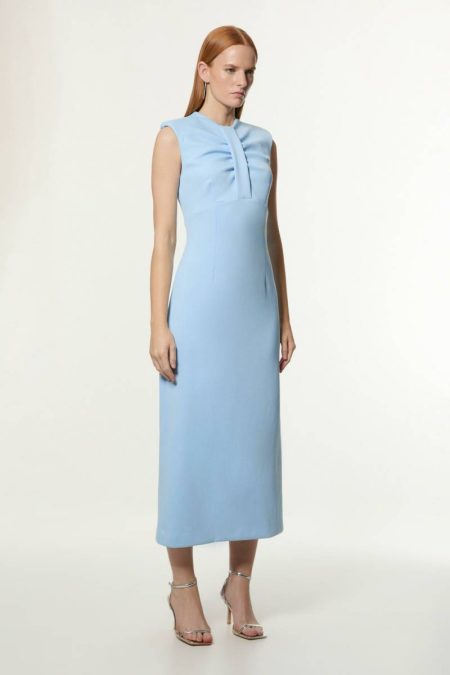 Karen Millen Blue Scuba Drama Twist Detail Woven Midi Dress Tailoring Women