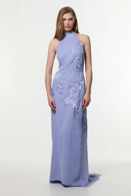 Karen Millen Blue Women Maxi Dresses Applique And Lace Georgette Woven Halter Maxi Dress