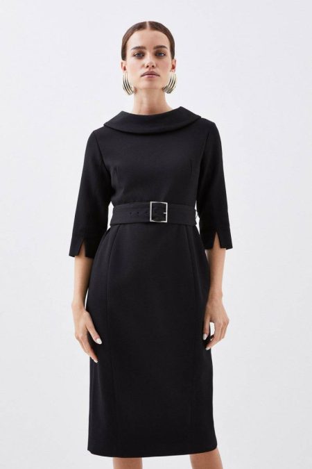 Karen Millen Camel Petite Structured Crepe Turtleneck Belted Tailored Midi Dress Midi Dresses Women