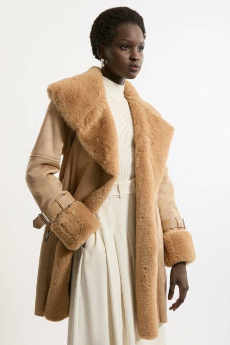 Karen Millen Camel Tailoring Tall Faux Shearling Collar & Cuff Belted Short Coat Women