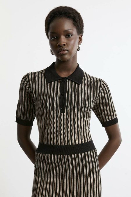 Karen Millen Camel Viscose Blend Jacquard Knit Polo Top Women Tailoring