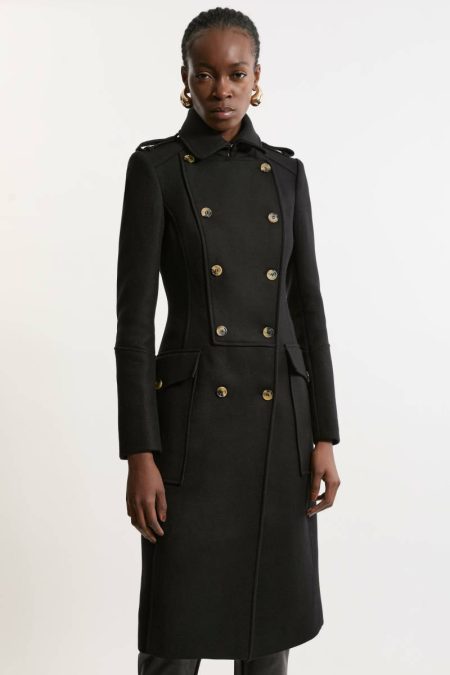 Karen Millen Camel Women Premium Italian Manteco Wool Military Tailored Midi Coat Tailoring