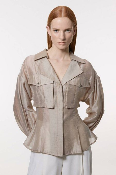 Karen Millen Champagne Women Tops Organdie Slub Utility Pocket Detail Woven Blouse