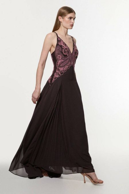Karen Millen Chocolate Petite Cutwork Beaded Georgette Pleat Insert Woven Maxi Dress Women Tailoring