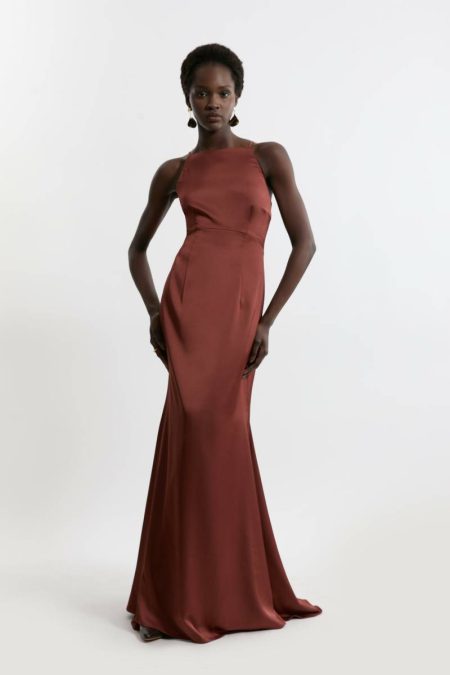 Karen Millen Chocolate Petite Satin Crepe Column Woven Maxi Dress Women Maxi Dresses