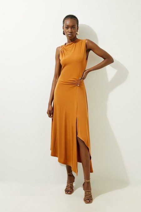 Karen Millen Cinnamon Women Drapey Crepe Jersey Long Sleeve Maxi Dress Tailoring