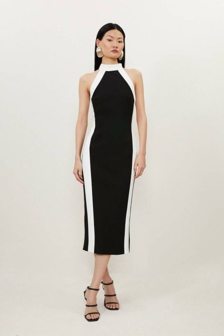 Karen Millen Compact Stretch Contrast Halter Neck Tailored Midi Dress Camel Women Tailoring