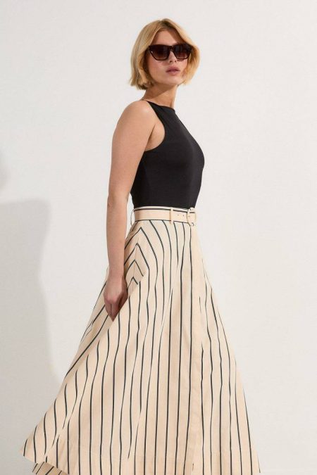 Karen Millen Cotton Stripe Belted Woven Maxi Skirt Women Skirts Stripe