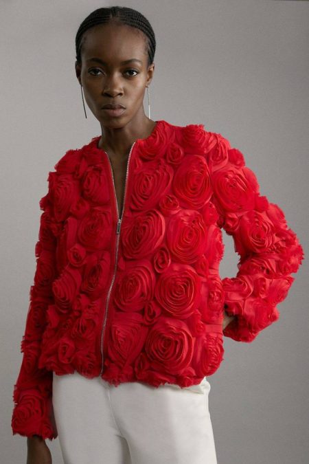 Karen Millen Crinkle Rosette Woven Mini Skirt & Bomber Co-Ord Skirts Women Red