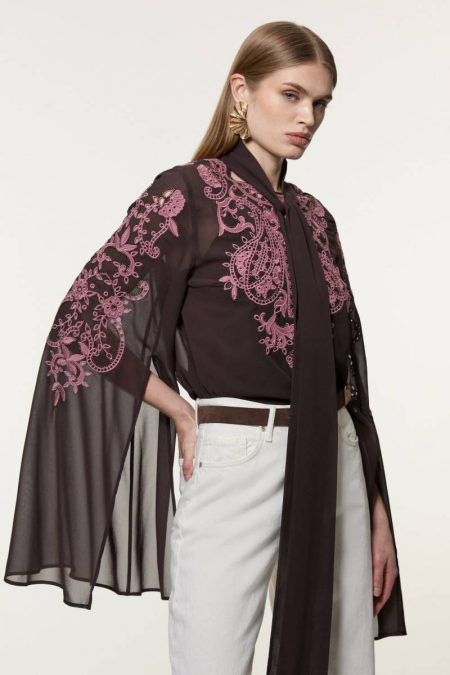 Karen Millen Cutwork Beaded Georgette Tie Neck Woven Blouse With Drama Sleeve Chocolate Women Tailoring