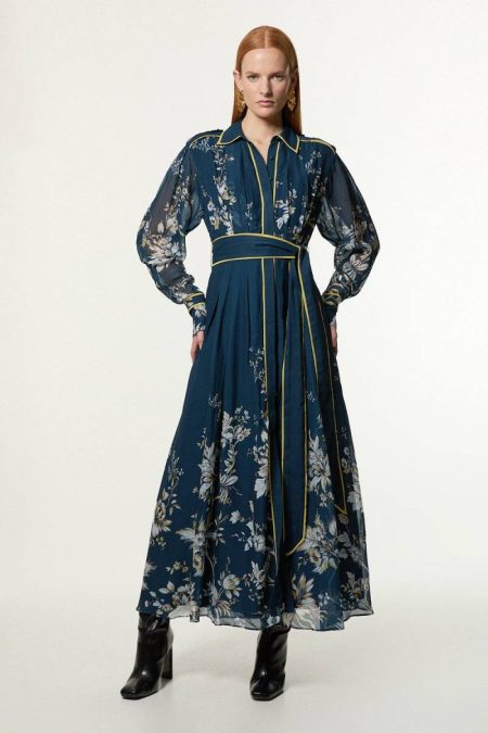 Karen Millen Dark Navy Border Print Viscose Piped Woven Shirt Balloon Sleeve Maxi Dress Maxi Dresses Women