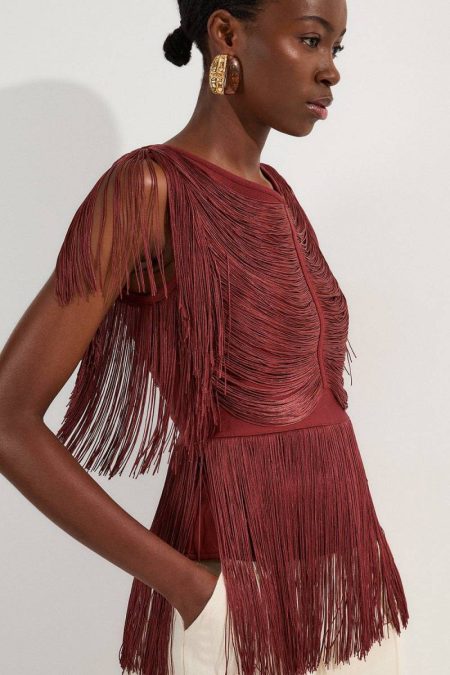 Karen Millen Draped Fringe Knitted Top Women Knitwear Rich Red