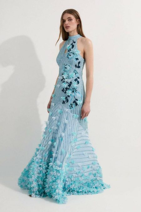 Karen Millen Embroidery And Applique Halterneck Woven Maxi Dress Maxi Dresses Blue Women