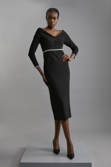 Karen Millen Figure Form Diamante Trim And Power Mesh Midi Dress Tailoring Black Women