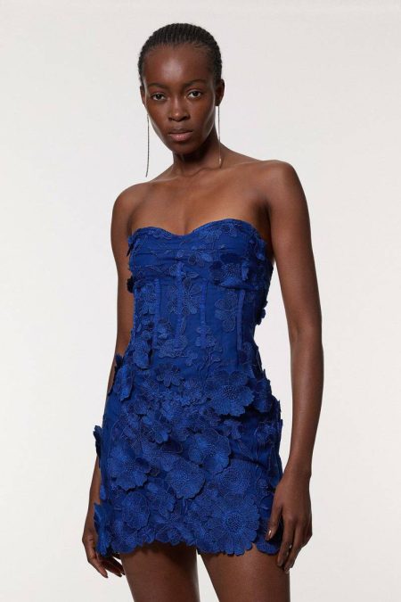 Karen Millen Floral Applique Structured Woven Mini Dress Blue Floral Dresses Women