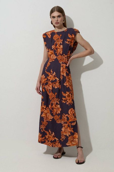 Karen Millen Floral Dresses Women Floral Viscose Linen Pintuck Detail Woven Midaxi Dress Navy