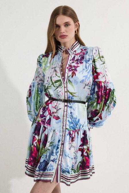 Karen Millen Floral Printed Balloon Sleeve Woven Mini Dress Floral Mini Dresses Women