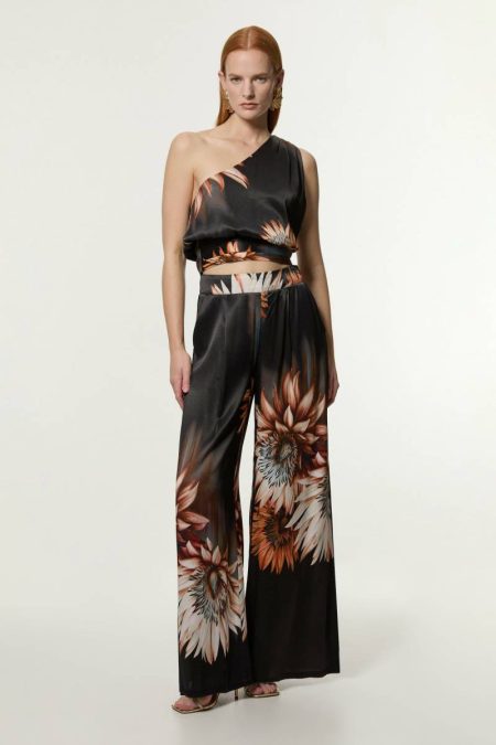 Karen Millen Floral Tailoring Women Viscose Satin Printed Wide Leg Woven Pants