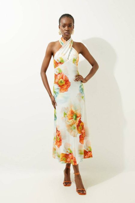 Karen Millen Floral Women Abstract Floral Printed Jersey Crepe Twist Neckline Maxi Dress Maxi Dresses
