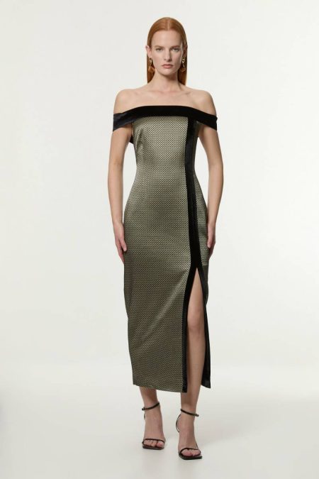 Karen Millen Geo Geo Jacquard Velvet Mix Tailored Off The Shoulder Midi Dress Tailoring Women