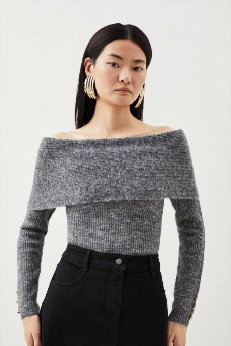 Karen Millen Grey Marl Wool Blend Cosy Off The Shoulder Knit Sweater Women Tailoring