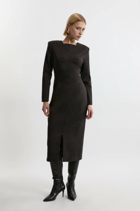 Karen Millen Grey Tailoring Women Flannel Fitted Tailored Midi Dress