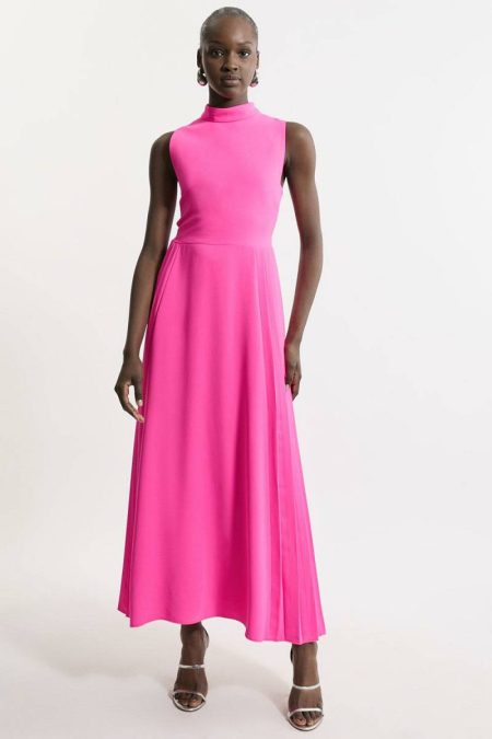 Karen Millen Hot Pink Tailoring Women Soft Tailored Pleated Panel Midaxi Dress