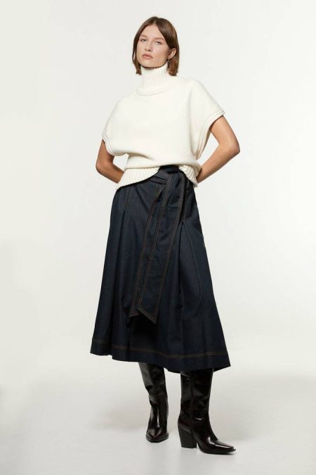 Karen Millen Indigo Skirts Tailored Denim Full Skirted Belted Midaxi Skirt Women