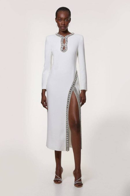 Karen Millen Ivory Maxi Dresses Cut Out Crystal Embellished Woven Maxi Dress Women