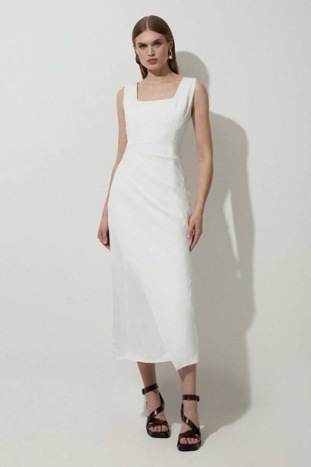 Karen Millen Ivory Maxi Dresses Women Tailored Viscose Linen Strappy Pleat Detail Midaxi Dress