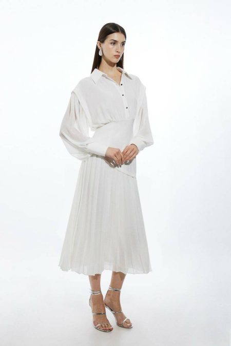 Karen Millen Ivory Tailoring Petite Jersey And Georgette Mix Pleated Midi Shirt Dress Women