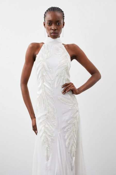 Karen Millen Ivory Women Maxi Dresses Halter Neck Feather Sequin Detail Woven Maxi Dress