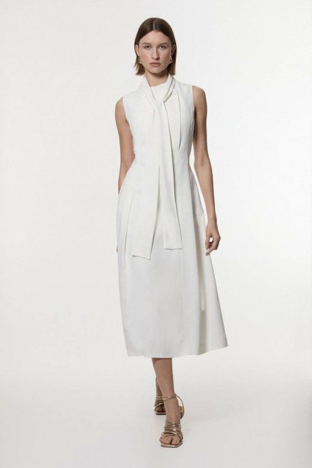 Karen Millen Ivory Women Midi Dresses Compact Stretch Viscose Tie Neck Tailored Full Skirted Midi Dress