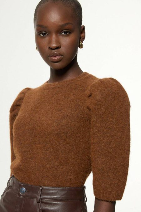 Karen Millen Ivory Women Petite Alpaca Wool Fluffy Knit Crew Neck Top Knitwear