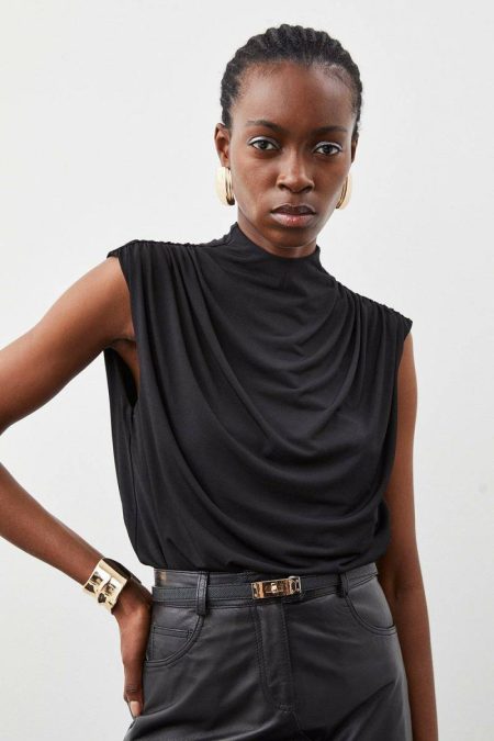 Karen Millen Jersey Crepe High Neck Ruched Bodysuit Tops Women Camel