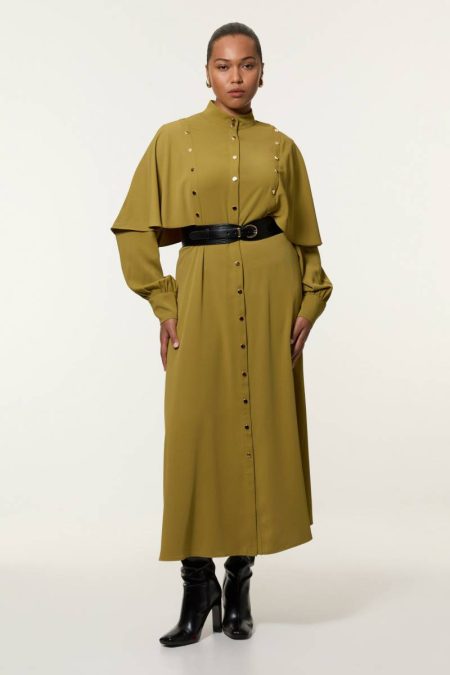 Karen Millen Khaki Maxi Dresses Plus Size Studded Crepe Cape Sleeve Woven Maxi Dress Women