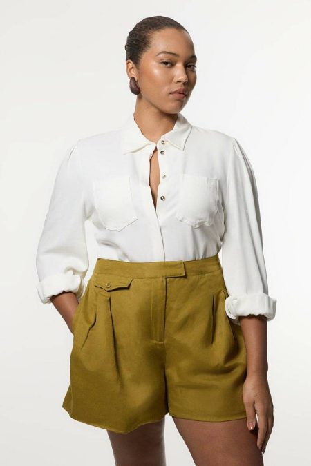 Karen Millen Khaki Shorts Women Plus Size Viscose Linen Woven Pocket Detail Short