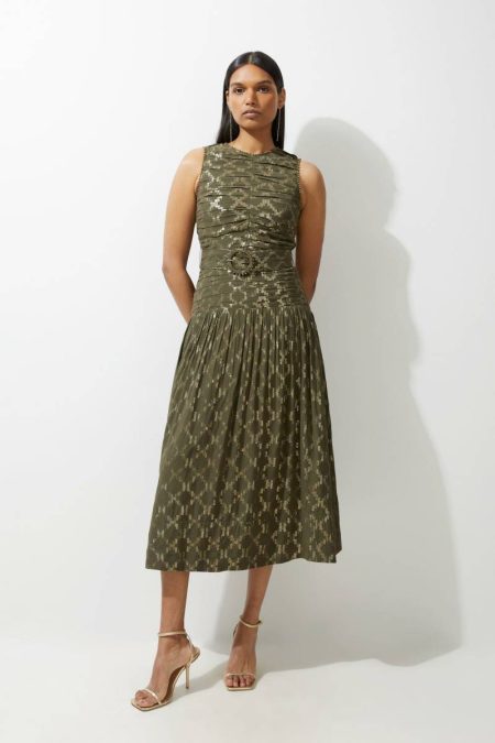 Karen Millen Khaki Tall Metallic Viscose Georgette Beaded Woven Maxi Dress Tailoring Women